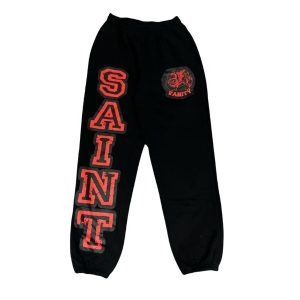Saint Vanity Black Varsity Sweatpants – Red Logo Design