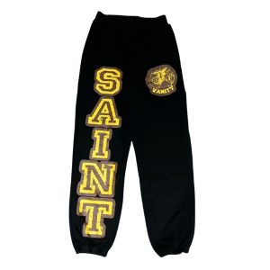 Saint Vanity Black Varsity Sweatpants – Yellow Logo Design