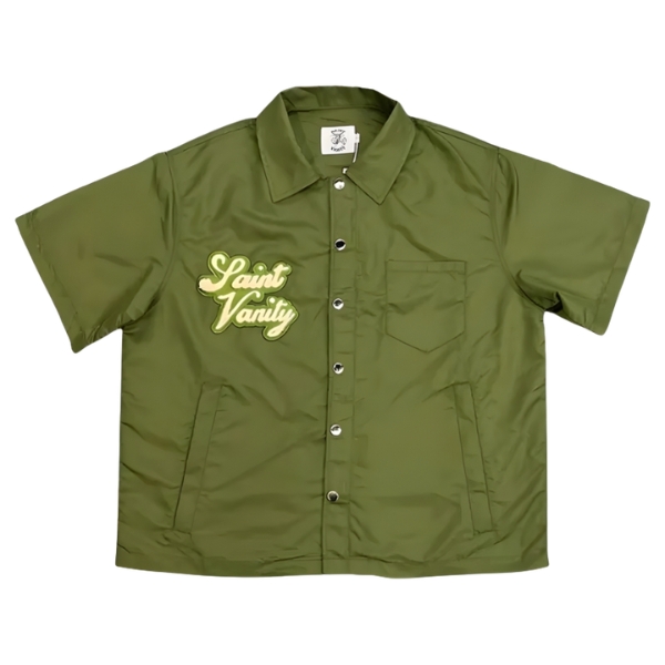 Saint Vanity Olive Nylon Button-Up Tee Saint Vanity Olive Nylon Button-Up Tee